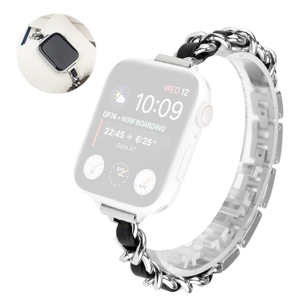 Armbånd i rustfritt stål + lær til Apple Watch Series 6 / 5 44mm - Sølv / Svart
