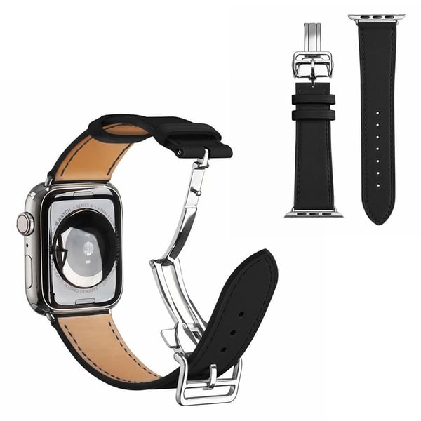 Urarmbånd i ekte lær med sølvspenne til Apple Watch Series 6 / 5 40 mm - Svart