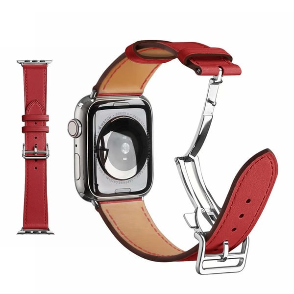 Urarmbånd i ekte lær med sølvspenne til Apple Watch Series 6 / 5 44mm - Rød