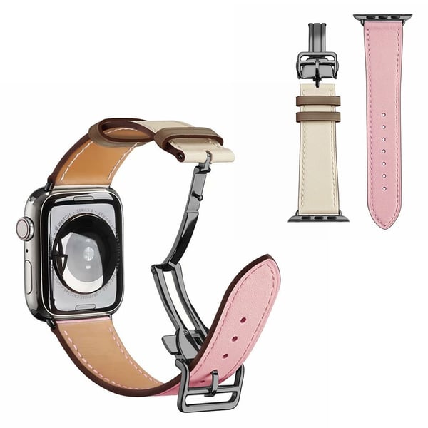 Urarmbånd med spenne i ekte lær til Apple Watch Series 6 / 5 44mm - Rosa / Hvit