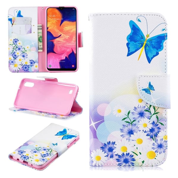 Wonderland Samsung Galaxy A10 veske - Blå sommerfugl og blomster Wonderland Samsung Galaxy A10 veske - Blå sommerfugl og blomster