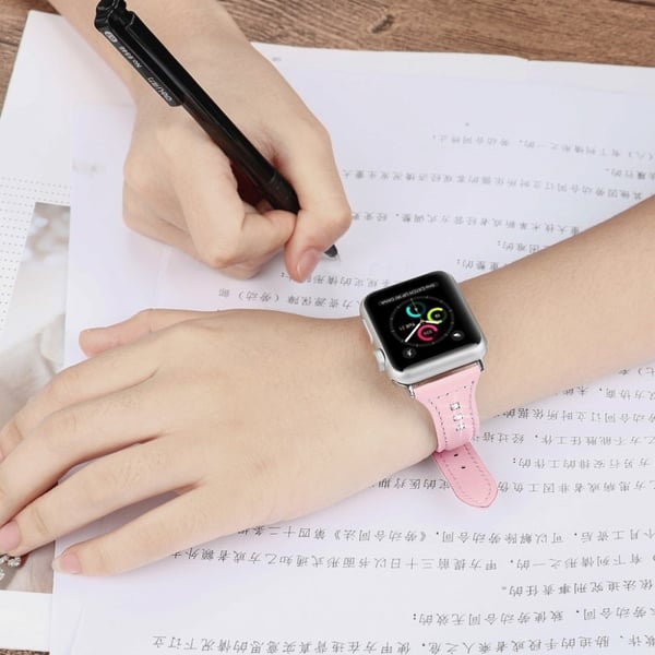 Apple Watch Series 4 40mm Krystall Dekor Ekte Skinn Klokke Armbånd - Rosa