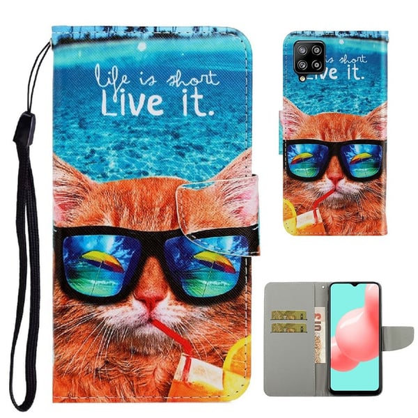 Wonderland Samsung Galaxy A22 4G Flippetui - Katt Iført Sunglasses