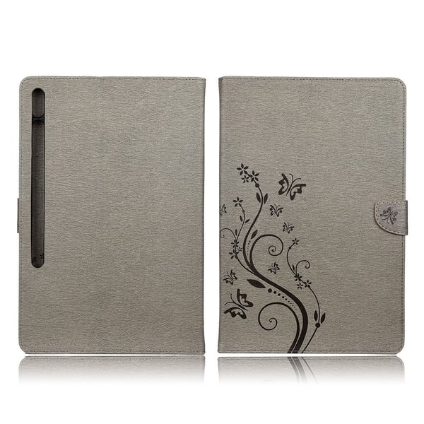Samsung Galaxy Tab S7 Plus Butterflies Imprint Lær Etui - Grå