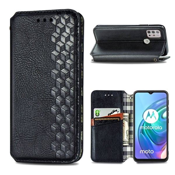 Lær Etui med A Stilfull Rhombus Imprint til Motorola Moto G30 - Svart