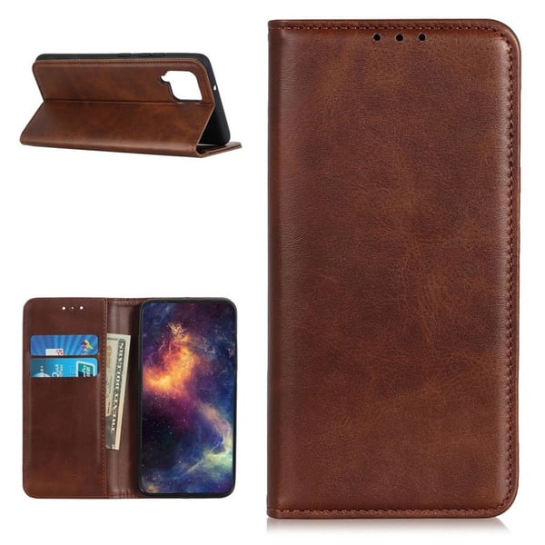 Lompakko-style Aitoa Nahkaa Läppäkotelo For Samsung Galaxy A12 5G - Kahvi Lompakko-style Aitoa Nahkaa Läppäkotelo For Samsung Galaxy A12 5G - Kahvi