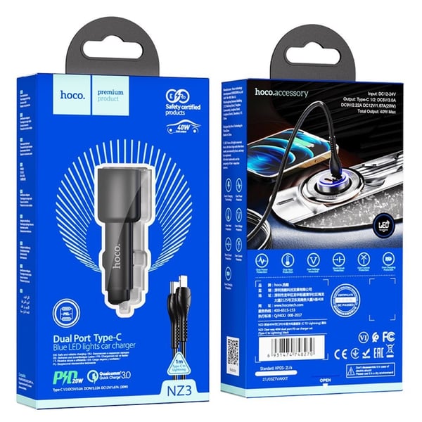 NZ3 Selkeä tapa 40W dual port PD autolaturi setti (Type-C Lightning) - Musta