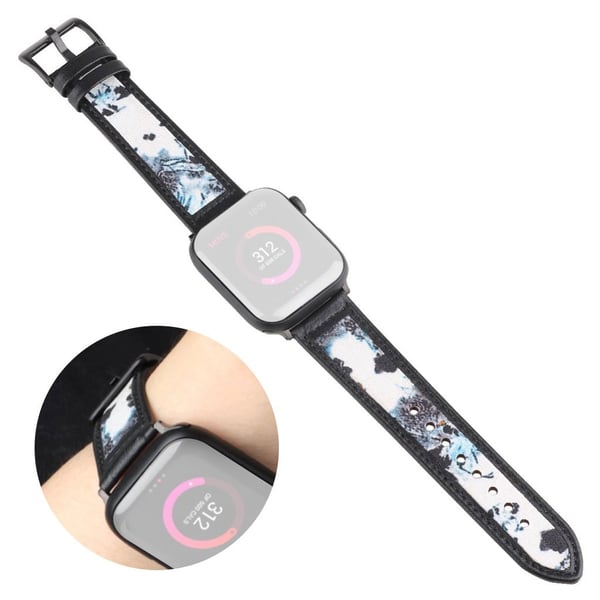 Apple Watch 42mm - 44mm mønsterlandskab læder urrem - Blå Apple Watch 42mm - 44mm mønsterlandskab læder urrem - Blå