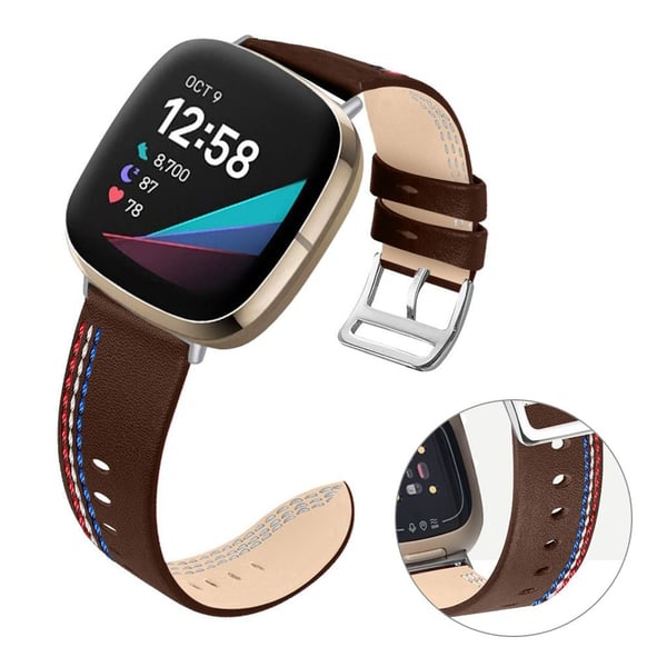 Fitbit Sense / Versa 3 urrem i ægte læder med tre syede linjer - Kaffe Fitbit Sense / Versa 3 urrem i ægte læder med tre syede linjer - Kaffe