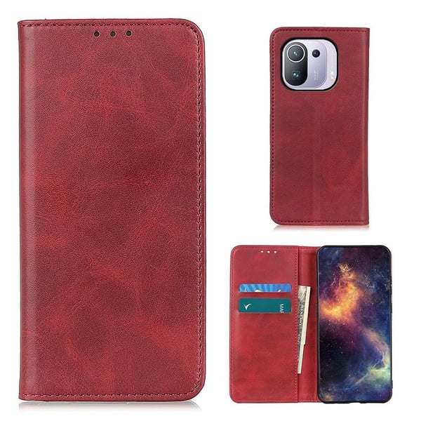 Flip Etui med Pung i Ekte Lær til Xiaomi Mi 11 Pro - Rød