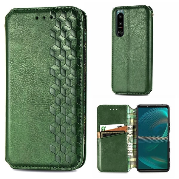 Skinn-etui med stilfult rombeavtrykk for Sony Xperia 5 III - Grønn