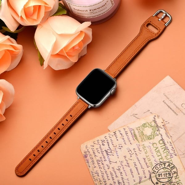 Apple Watch 42mm - 44mm unik klokkerem i ekte skinn - Brun / Sølvspenne