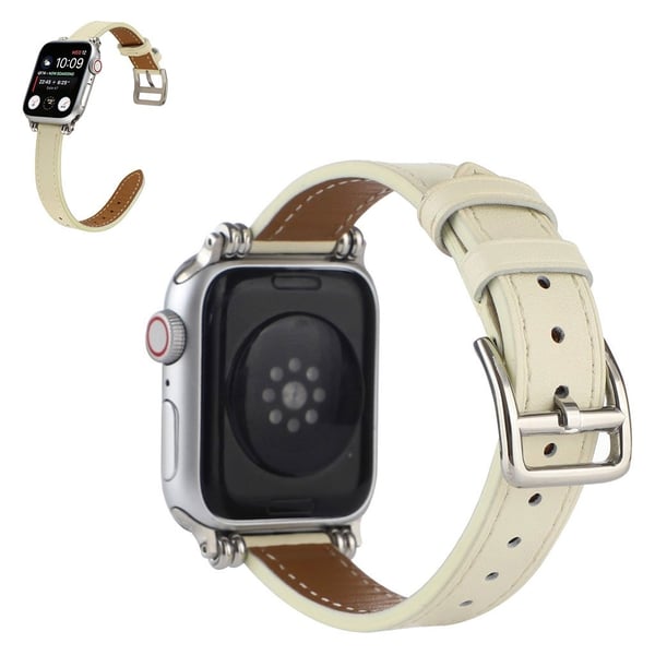 Apple Watch 42 mm - 44 mm klokkerem i ekte skinn med perledekor - Beige