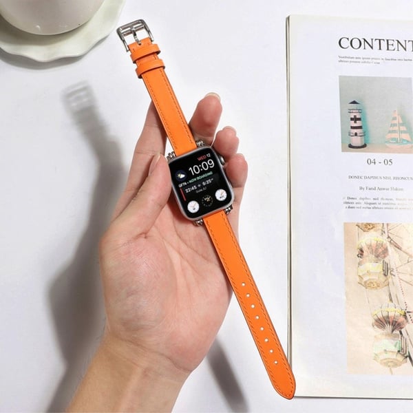 Apple Watch 42mm - 44mm enkel klokkerem i skinn med perledekor - Brun