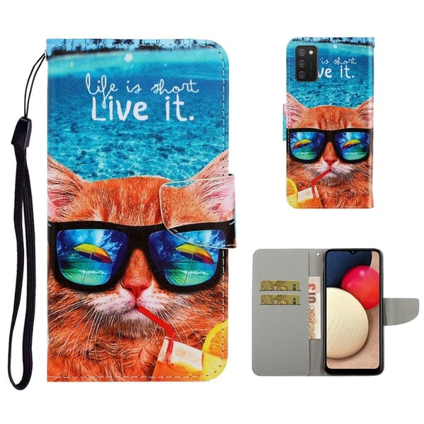 Wonderland Samsung Galaxy A02s Flippetui - Katt Iført Solbriller