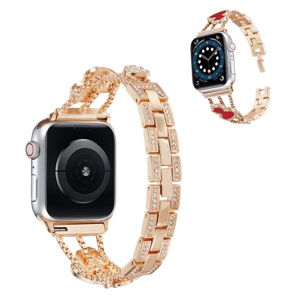 Apple Watch 42 mm - 44 mm urrem med rhinestone kalebassdekor - Rose Gull / Rød