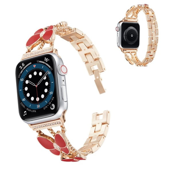 Apple Watch 42 mm - 44 mm urrem med sommerfugldekor i rhinestone - Rose Gull / Rød