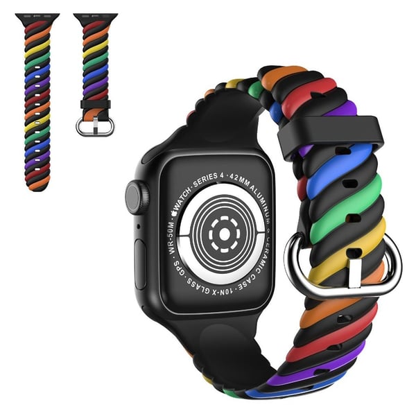 Apple Watch 42mm - 44mm unik farge twist silikon klokkerem - Regnbue / Svart