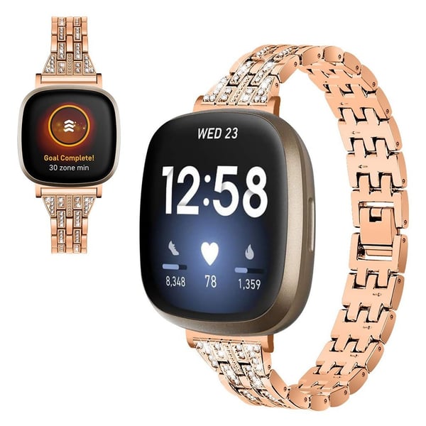 Fitbit Sense / Versa 3 stilig urrem med rhinestone dekor - Rose Gull