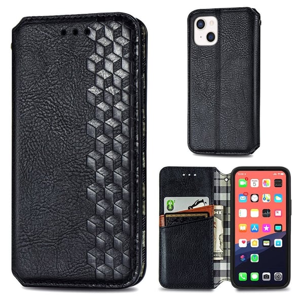 Skinn-etui med stilfult rombeavtrykk for iPhone 13 Mini - Svart