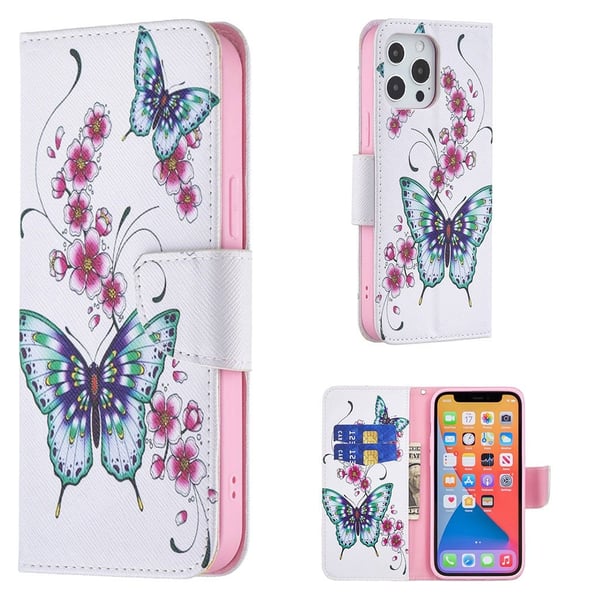 Wonderland iPhone 13 Pro Max flip-etui - Sommerfugler Med Ferskenblomst