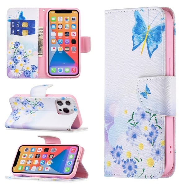 Wonderland iPhone 13 Pro flip-etui - Blå Sommerfugler Og Blomster