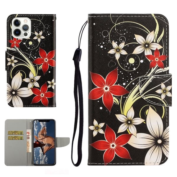 Wonderland iPhone 13 Pro Flippetui - Hvit og Rød Blomster