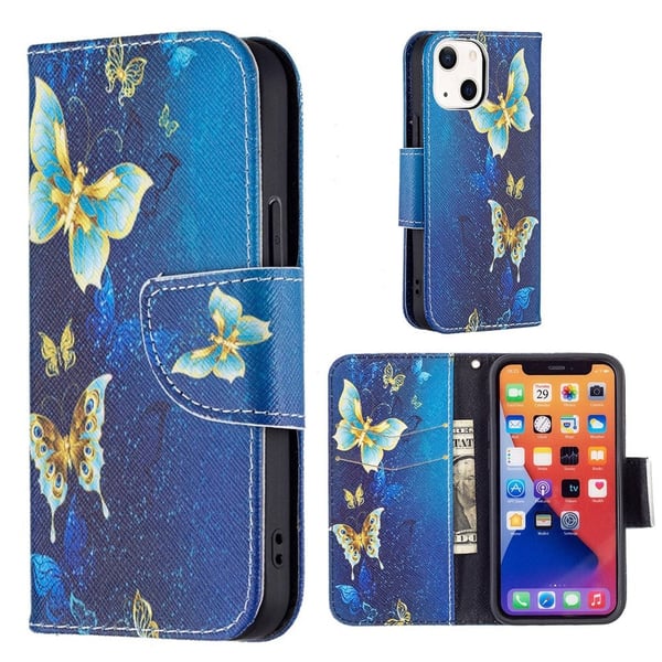 Wonderland iPhone 13 flip etui - Gyldne Sommerfugle