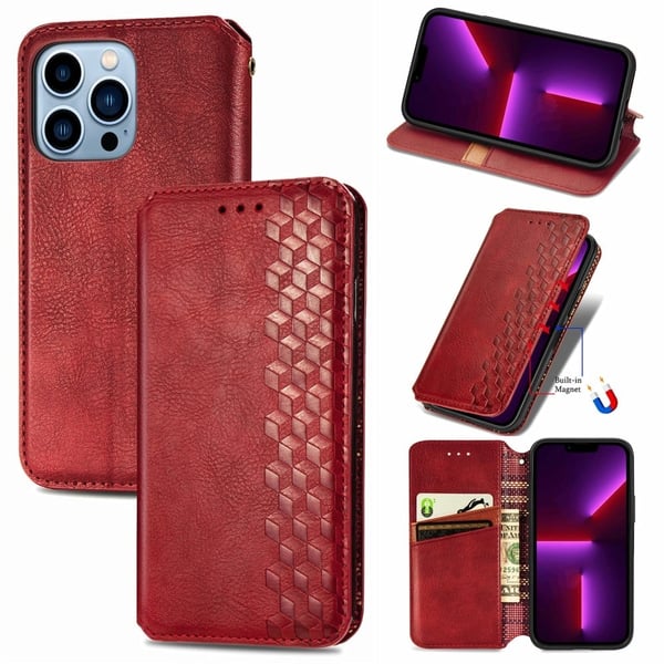 Lær Etui med A Stilfull Rhombus Imprint til iPhone 13 Pro Max - Rød