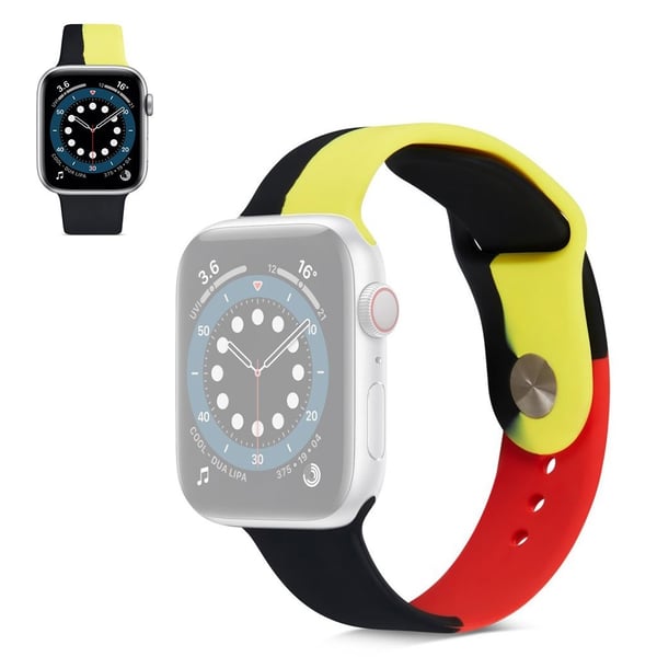 Apple Watch 42mm - 44mm tricolor spleising silikonklokkerem - Svart / Rød / Gul / Størrelse: L