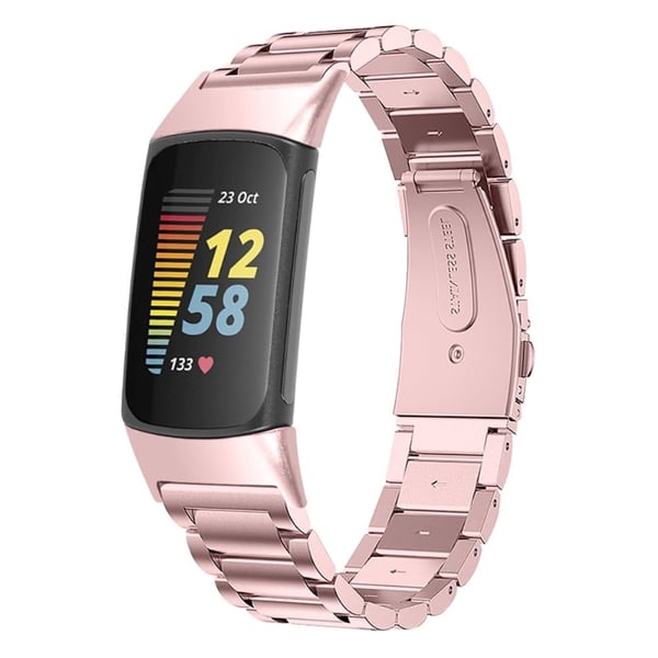 Fitbit Charge 5 luksuriøs klokkerem i rustfritt stål med trippelperler - Rosa