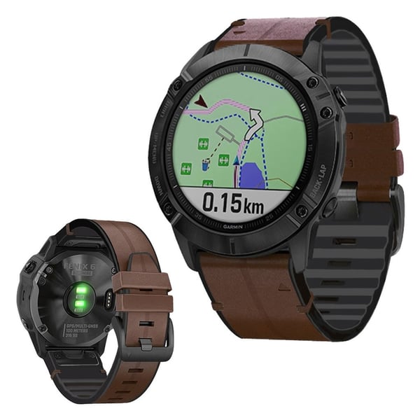 Garmin Fenix 6 / 5 ekte lær + silikonarmbånd - Kaffe