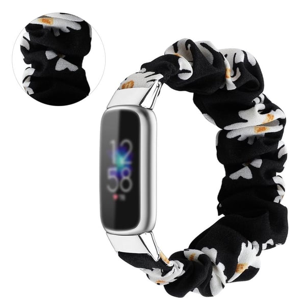 Fitbit Luxe moderigtig elastisk urrem i scrunchie-stil - Solsikker På Sort Baggrund / Størrelse: S