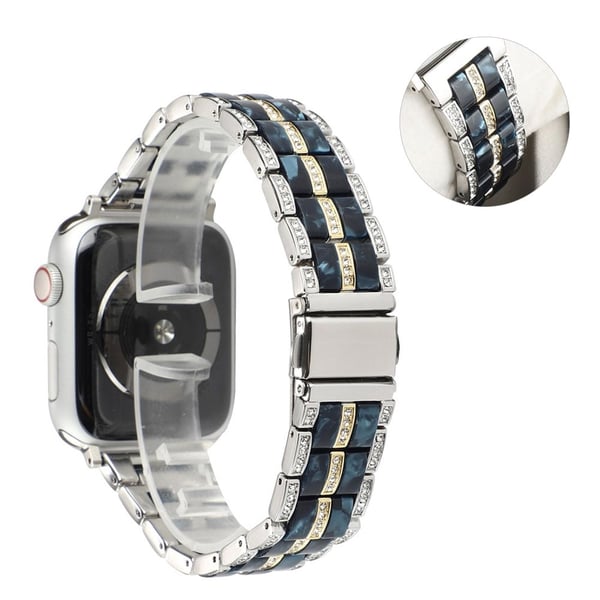 Apple Watch 42mm - 44mm urrem i rustfrit stål med rhinestone-dekor - Sølv Guld / Sort Blomst
