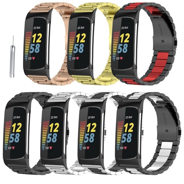 Fitbit Charge 5 trippel perleformet klokkerem i rustfritt stål - Svart / Rød / Svart