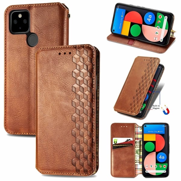 Skinn-etui med stilfult rombeavtrykk for Google Pixel 5 - Brun
