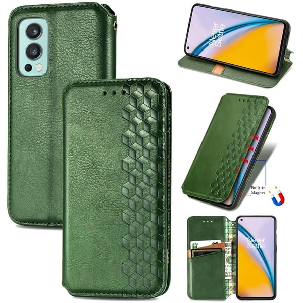 Skinn-etui med stilfult rombeavtrykk for OnePlus Nord 2 5G - Grønn