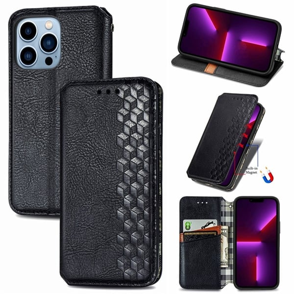 Lær Etui med A Stilfull Rhombus Imprint til iPhone 13 Pro - Svart