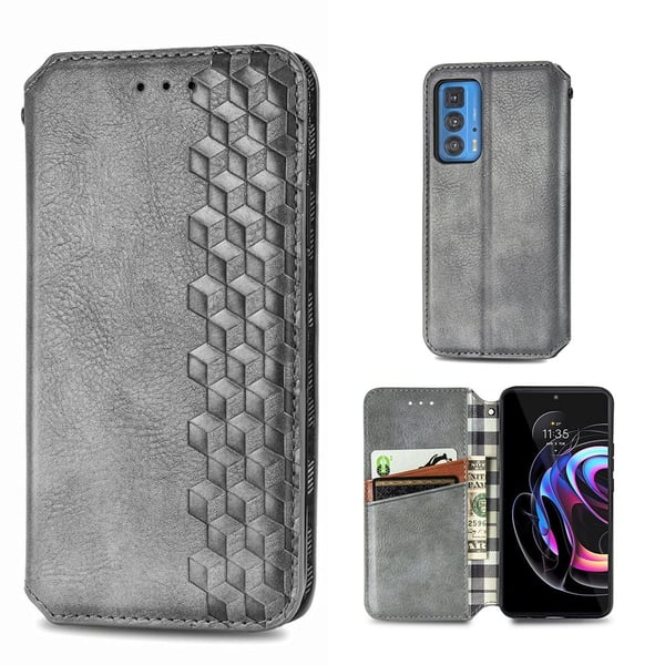 Lær Etui med A Stilfull Rhombus Imprint til Motorola Edge 20 Pro - Grå