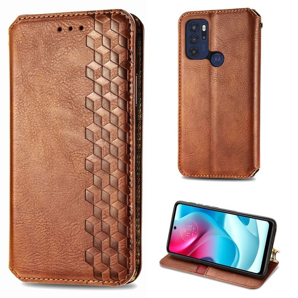 Lær Etui med A Stilfull Rhombus Imprint til Motorola Moto G60s - Brun
