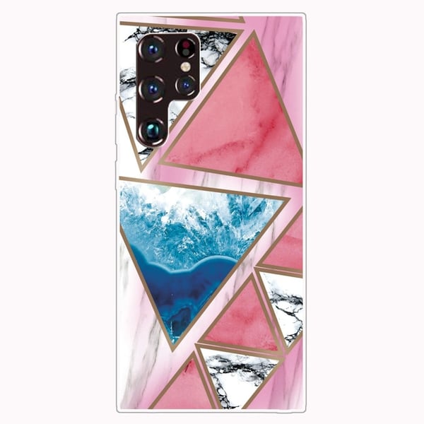 Marble Samsung Galaxy S22 Ultra Etui - Hvit / Blå / Rose Trekant
