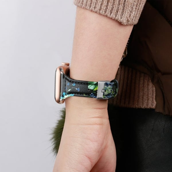 Apple Watch (41mm) B6 urrem i ægte læder - Grøn Blomst / Størrelse: L