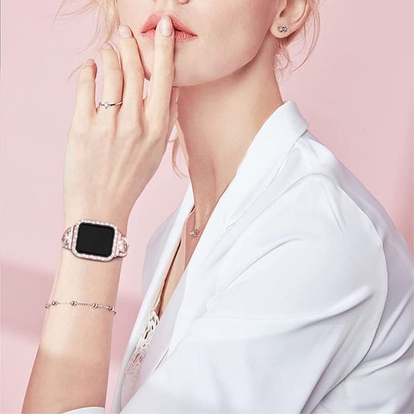Apple Watch (45 mm) X-formet urrem med rhinestone-dekor + deksel - Rosa Rose
