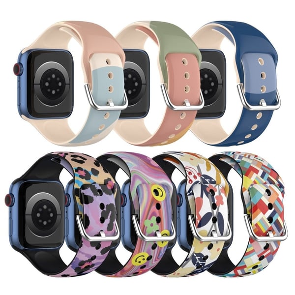 Apple Watch (45 mm) IML-urrem i silikon med fargerikt mønster - Lysebrun / Blå / Sand