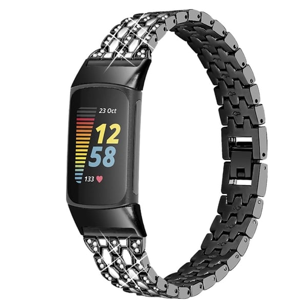 Fitbit Charge 5 trippel rad med rhinestone-klokkerem - Svart / Hvit