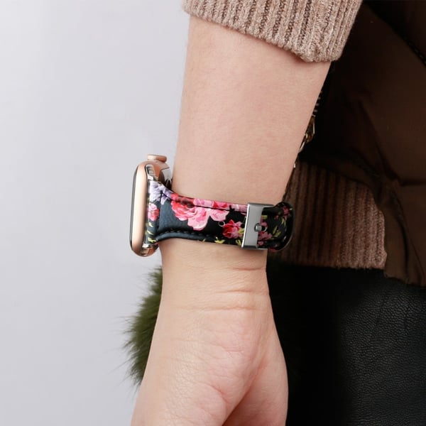 Apple Watch (41mm) B6 Ekte Lær Klokkereimer - Rød Flower / Størrelse: L