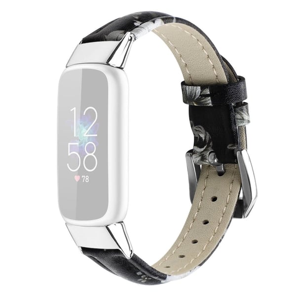 Fitbit Luxe klokkerem i ekte skinn - Svart / Grå Blomst / Størrelse: L