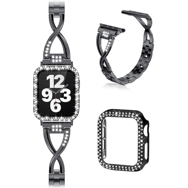 Apple Watch (45 mm) X-formet urrem med rhinestone-dekor + deksel - Svart