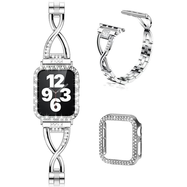 Apple Watch (45 mm) X-formet urrem med rhinestone-dekor + deksel - Sølv