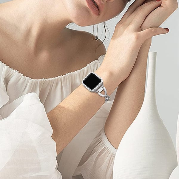 Apple Watch (45 mm) X-formet urrem med rhinestone-dekor + deksel - Sølv
